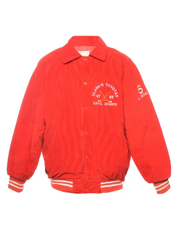 Red Corduroy Hockey Team Jacket - XL Front Pockets Side Pockets Patch Pockets
