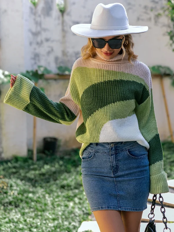 Color Block Cuffed Sleeve Rib-Knit Turtleneck Sweater Welt Pockets Slit Pockets Flap Pockets
