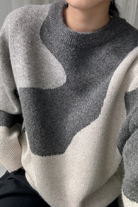 OVERSIZED INTARSIA KNIT CREWNECK SWEATER Ribbed Striped Patterned