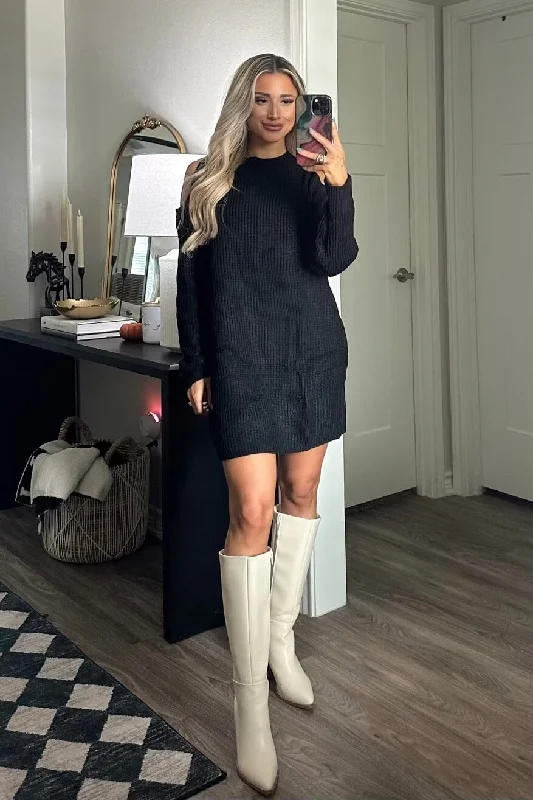 Leah Cold Shoulder Sweater Dress: Black Satin Fabric Silk Fabric Chiffon Fabric