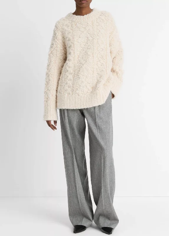 Textured Loop Stitch Cable Crewneck Sweater Chenille Blend Fleece Blend Nylon Blend