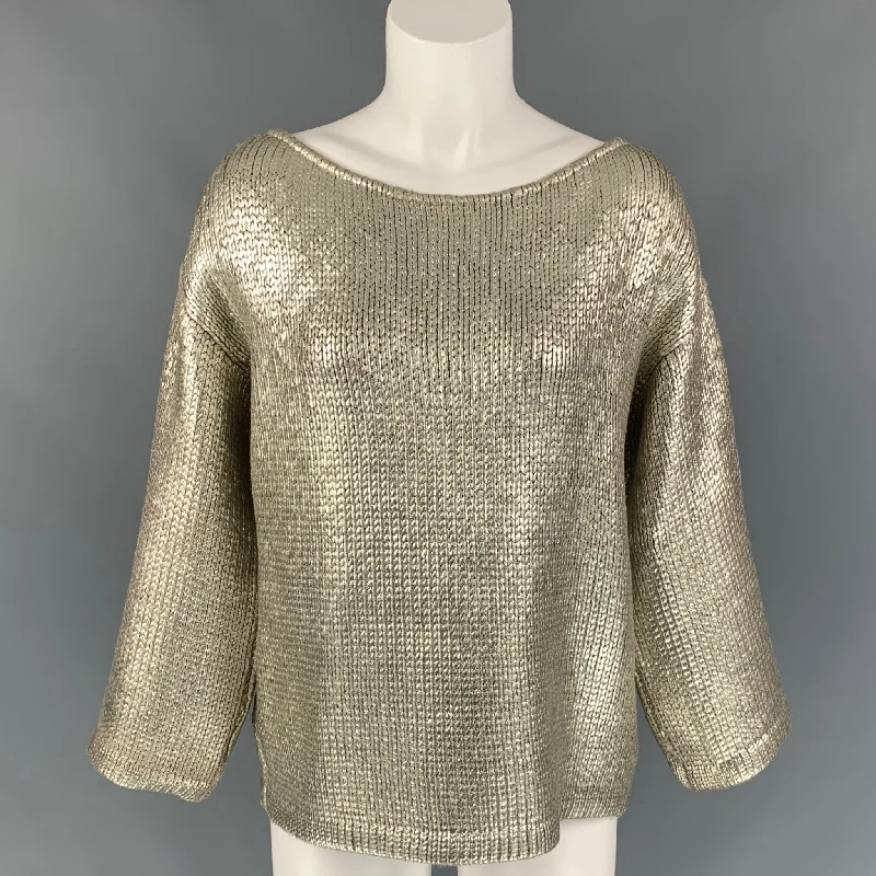 ST. JOHN COUTURE Size M Silver Knitted Wool Scoop Neck Sweater Terry Terry Cloth Terry Knit