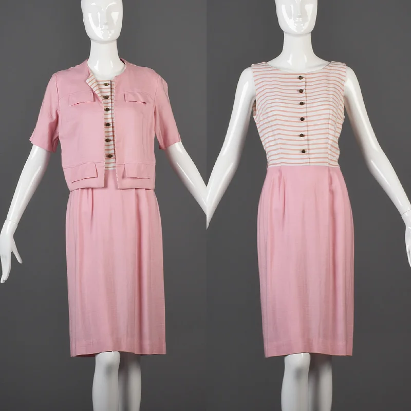 1960s Pink Stripe Dress and Jacket Set Nylon Fabric Polyester Fabric Spandex Fabric