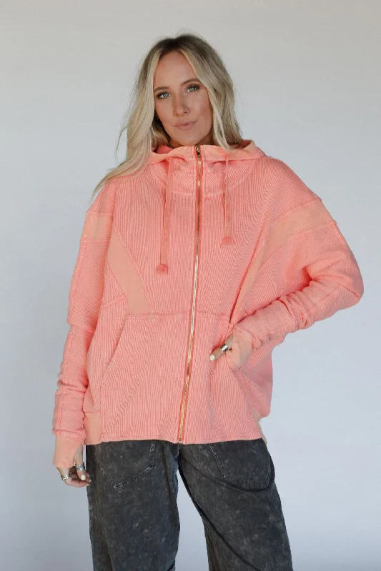 Sunset Shores Hoodie Sweater - Peach Spandex Blend Rayon Blend Denim Blend