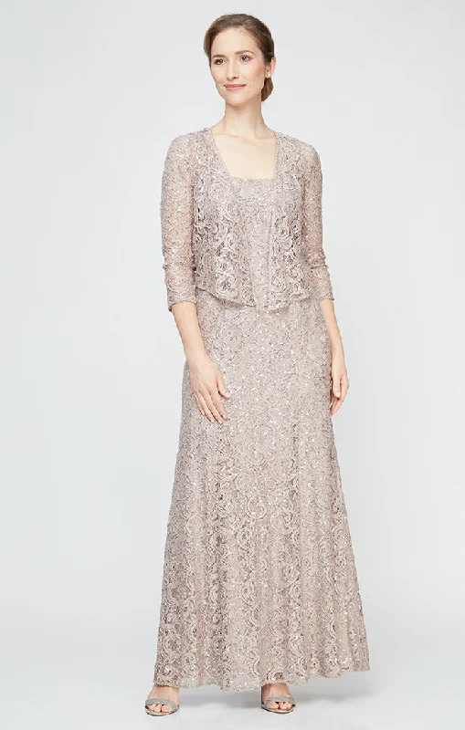 Sequin Lace Long A-Line Dress with 3/4 Sleeve Illusion Jacket Boat Neck Shawl Collar Notched Collar
