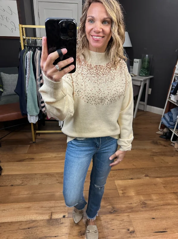 Glitz & Glam Sequin Detail Mock-Neck Sweater - Cream Slim Fit Regular Fit Oversized