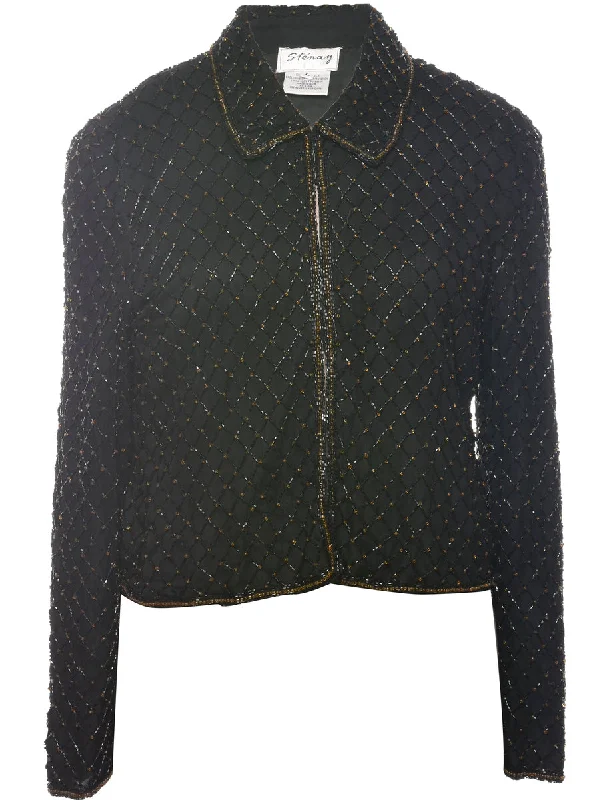 Silk Beaded Evening Jacket - L Lace Jacket Ribbed Jacket Sequined Jacket