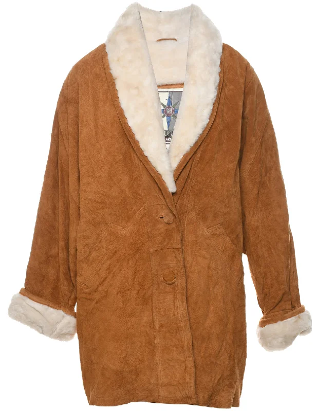 Shearling Lined Brown Suede Jacket - L Front Pockets Side Pockets Patch Pockets