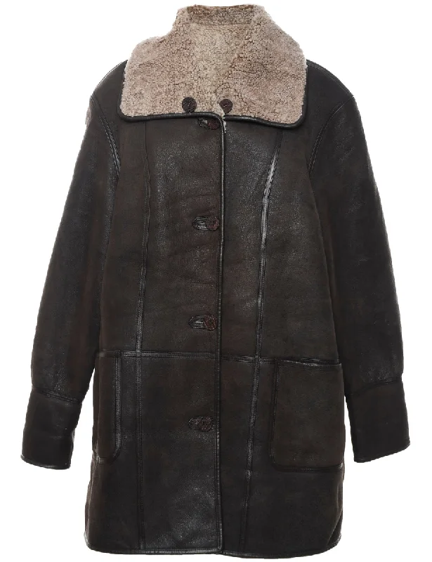 Single Breasted Brown Leather Faux Shearling Lined Jacket - L Welt Pockets Slit Pockets Flap Pockets