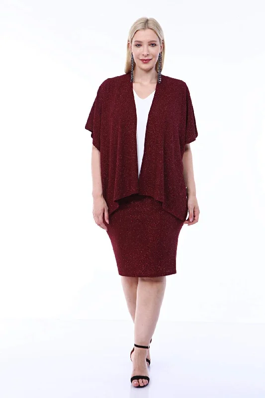Plus Size Silvery Evening Dress Skirt Claret Red Jacket 2 Piece Suit 91-0615 Toggled Jacket Drawstring Jacket Belted Jacket