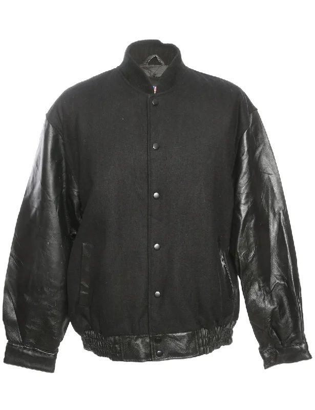 Single Breasted Black Varsity Jacket - M Zippered Front Buttoned Front Snap Front