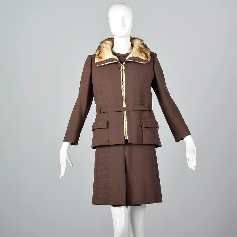 1960s Brown Wool Dress with Muskrat Fur Lined Jacket Appliqued Jacket Beaded Jacket Sequined Jacket