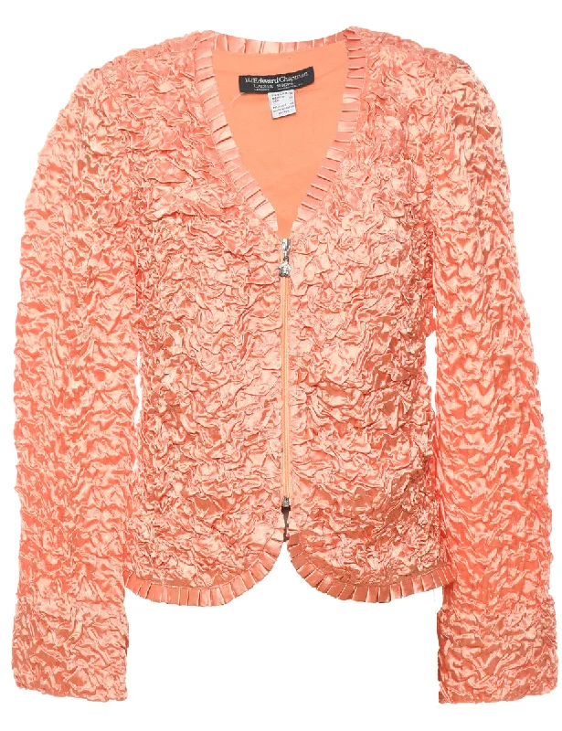 Peach Metallic Zip-Front Ruffle Trim Evening Jacket - M Hoodie Zip-Up Jacket Button-Up Jacket