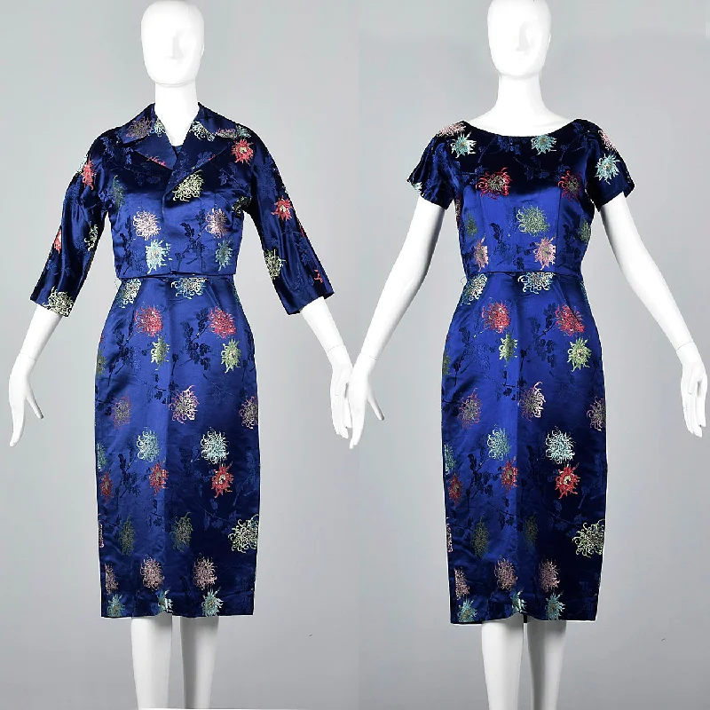 1960s Blue Brocade Dress with Matching Jacket Hoodie Zip-Up Jacket Button-Up Jacket