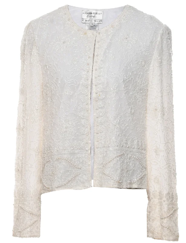 Silk White 1980s Adrianna Papell Evening Jacket - L Striped Jacket Polka Dot Jacket Floral Jacket