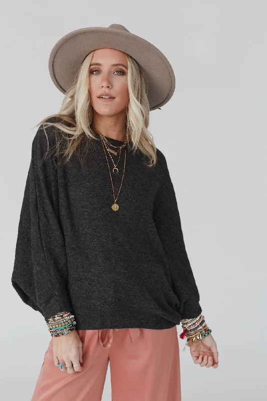 The Nest Fly With Me Batwing Sleeve Knit Sweater - Charcoal Cable Knit Ribbed Knit Lace Knit