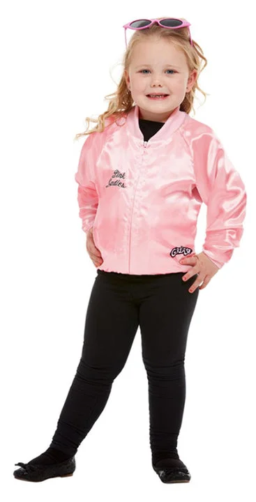 Girls 1950s Grease Movie Pink Ladies Jacket Fancy Dress Costume Stand-Up Collar Roll-Neck Collar Turtle Neck
