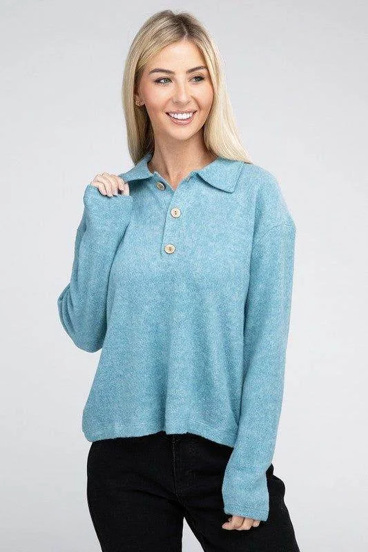 Zenana Brushed Melange Hacci Collared Sweater Wool Fabric Cashmere Fabric Tweed Fabric