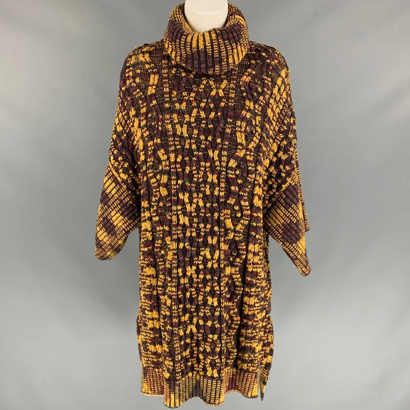 M MISSONI Size M Gold & Purple Knitted Wool Blend Oversized Turtleneck Sweater Houndstooth Herringbone Solid