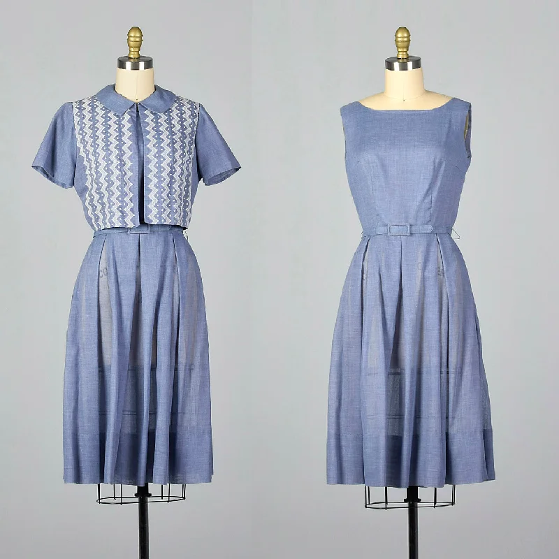 1960s Blue Dress with Embroidered Jacket Zip Front Button Front Snap Front