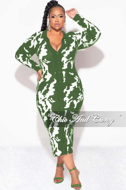Final Sale Plus Size Button Up Midi Sweater Dress in Olive and Off White Design Print Terry Terry Cloth Terry Knit