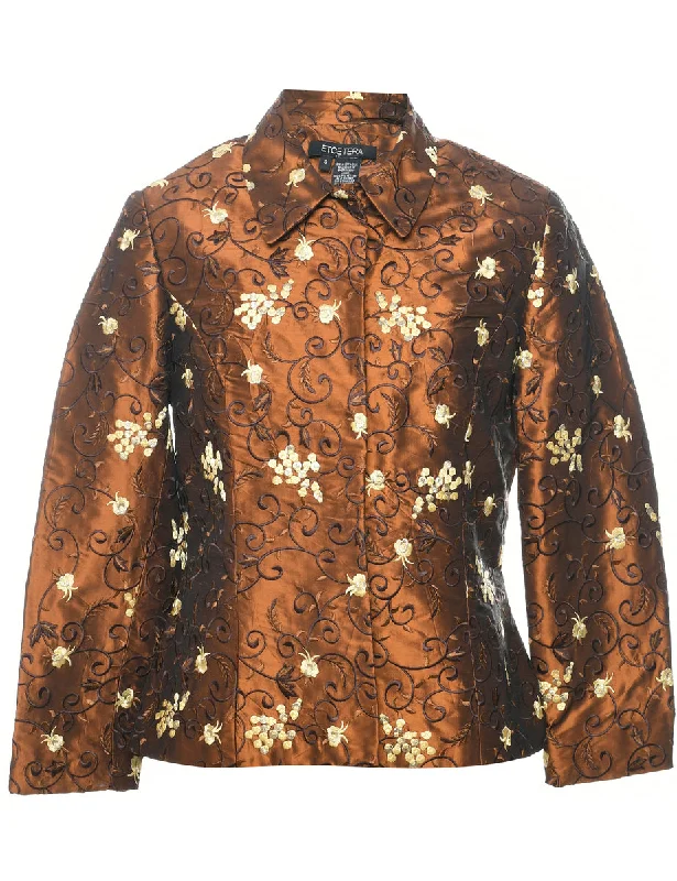 Silk Floral Pattern Evening Jacket - M Stand-Up Collar Roll-Neck Collar Turtle Neck