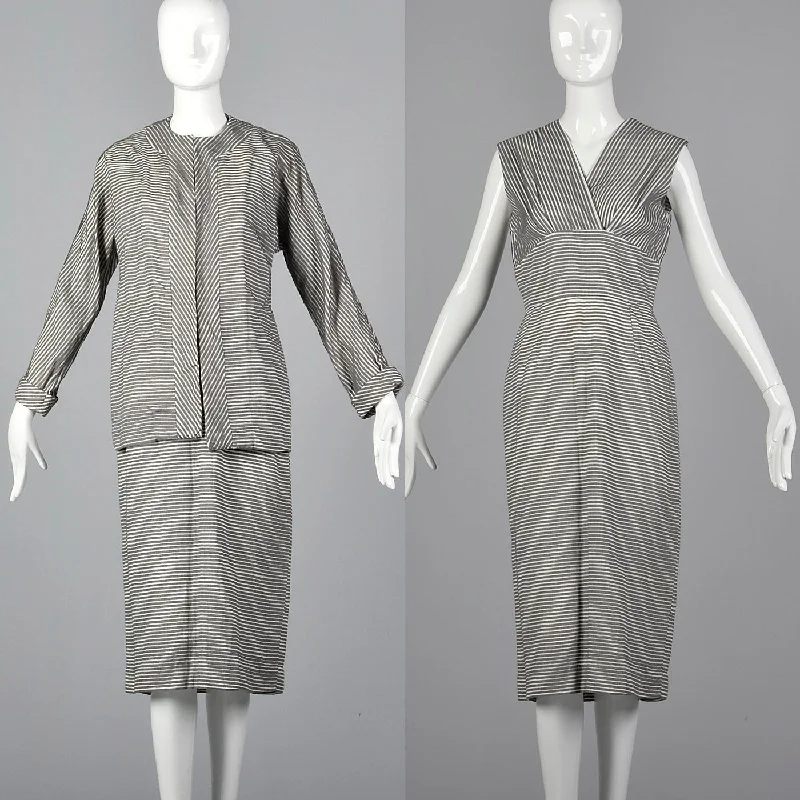 1960s Gray Textured Stripe Dress with Matching Jacket Cotton Fabric Linen Fabric Terry Fabric