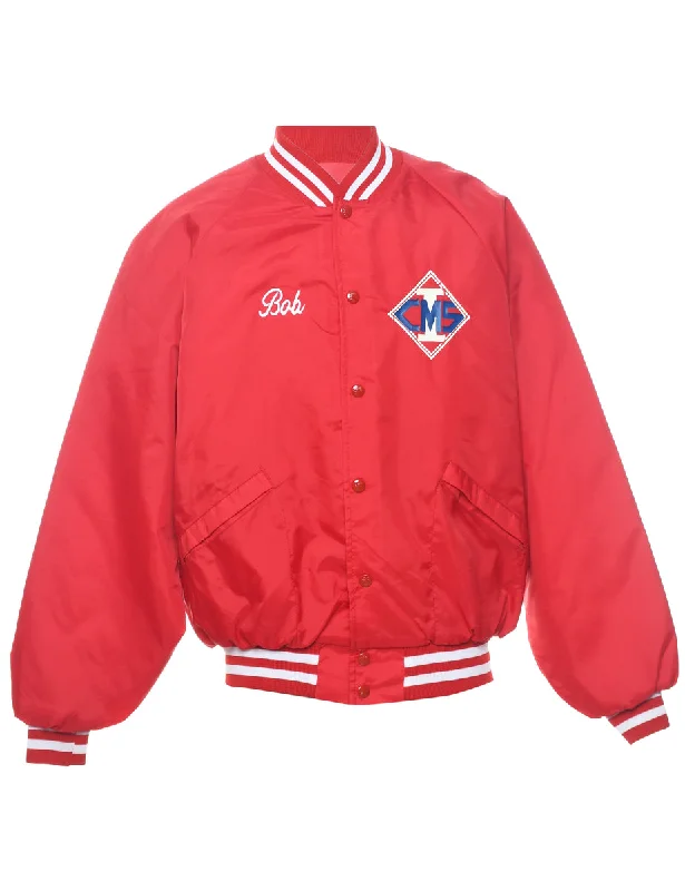 Red & White Embroidered Nylon Varsity Jacket - L Collared Jacket Crew Neck Jacket Turtle Neck Jacket