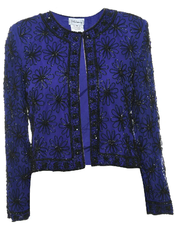 Silk Blue & Black Floral Beaded Evening Jacket - S V-Neck Jacket Boat Neck Jacket Square Neck Jacket