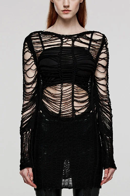 Black Long Sleeves Hollow Sheer Ripped Women's Steampunk Long Sweater Ribbed Striped Patterned
