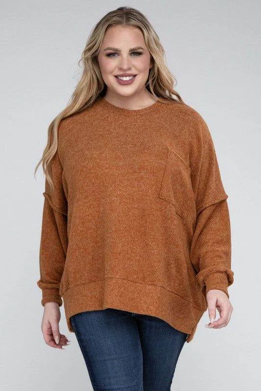 ZENANA Plus Brushed Melange Drop Shoulder Sweater Terry Blend Velvet Blend Canvas Blend