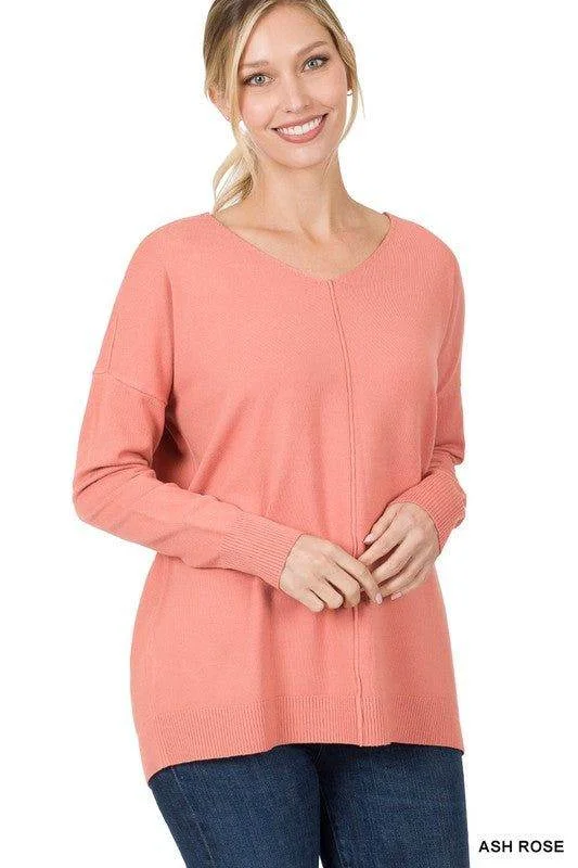 ZENANA Hi-Low Garment Dyed V-Neck Front Seam Sweater Welt Pockets Slit Pockets Flap Pockets