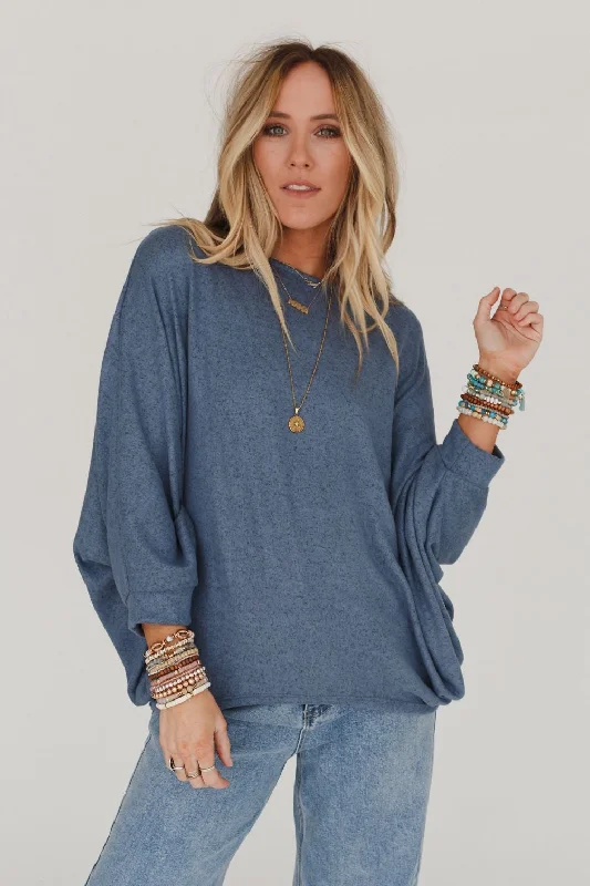 Fly With Me Batwing Sleeve Knit Sweater - Dusty Blue Welt Pockets Slit Pockets Flap Pockets