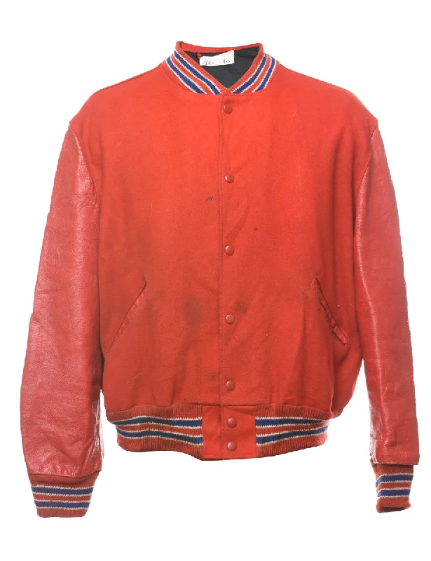 Red Wool & Leather Contrast Varsity Jacket - L Cotton Fabric Linen Fabric Terry Fabric