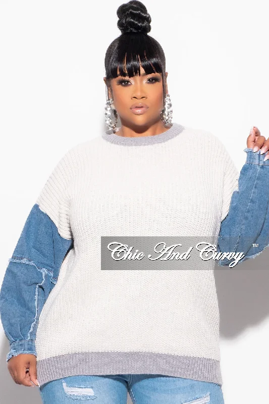 Final Sale Plus Size ColorBlock Wool Knitted Sweater in Denim and Grey Zippered Front Buttoned Front Snap Front