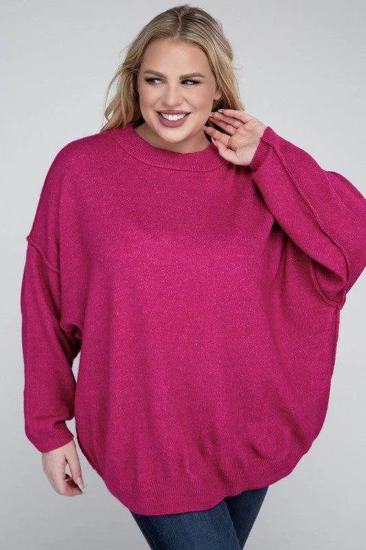 Zenana Plus Oversized Round Neck Raw Seam Melange Sweater Collared Crew Neck Turtle Neck