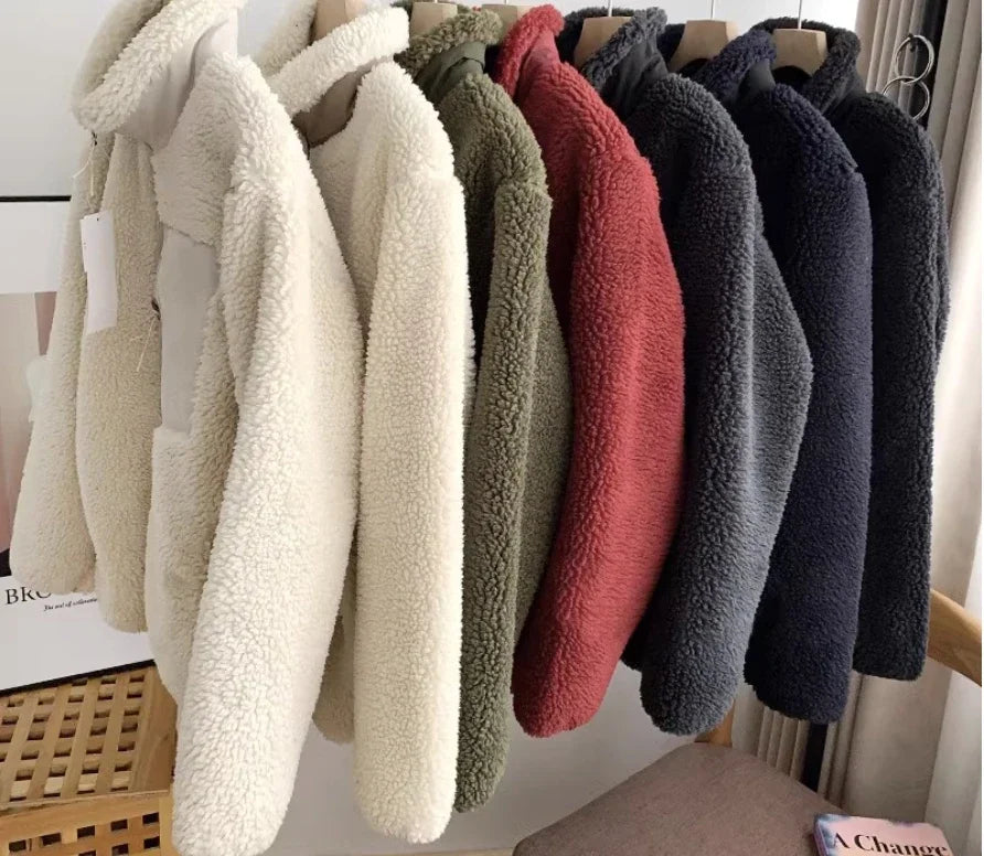 Autumn and Winter Japanese Thick Fleece Stand Neck Jacket Couple Zipper Loose Warm Lamb Wool Coat Solid color jacket Denim Fabric Leather Fabric Suede Fabric