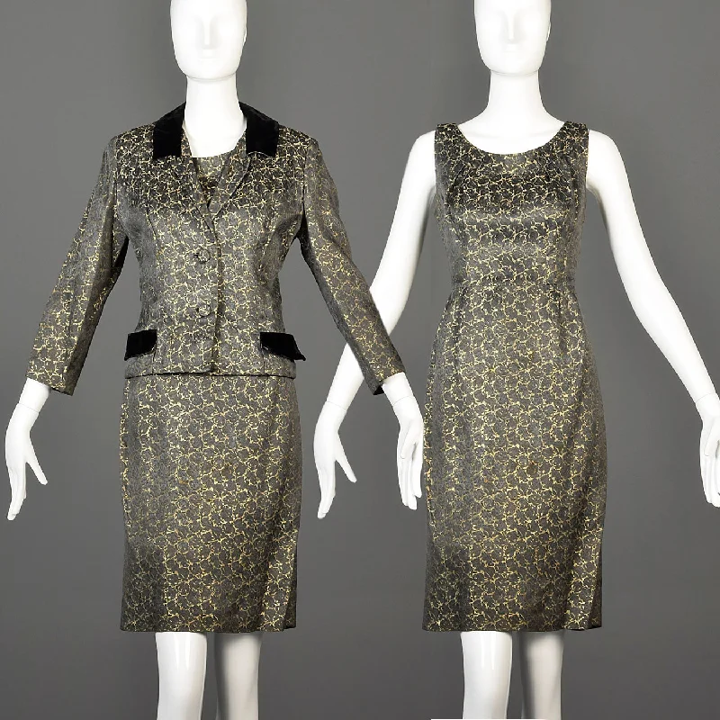 1960s Gold Brocade Dress with Matching Jacket and Velvet Detail Knit Jacket Woven Jacket Fleece Jacket