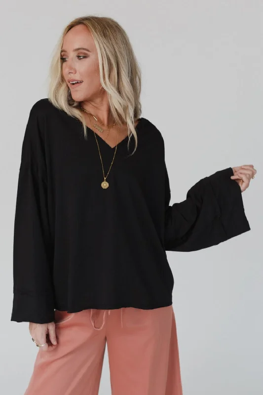 The Nest Love It V Neckline Sweater Top - Black Mesh Sweater Canvas Denim