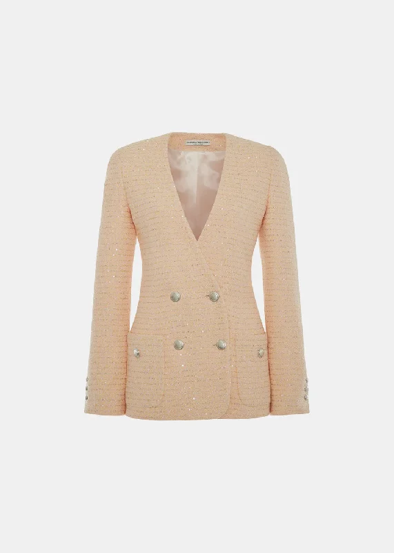 Yellow Sequin Tweed Double Breasted Jacket Tiered Jacket Buttoned Jacket Zippered Jacket