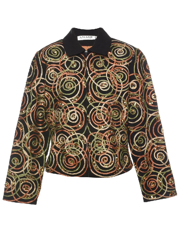 Sequined & Appliqued Abstract Design 1990s Evening Jacket - S Faux Fur Jacket Real Fur Jacket Shearling Jacket