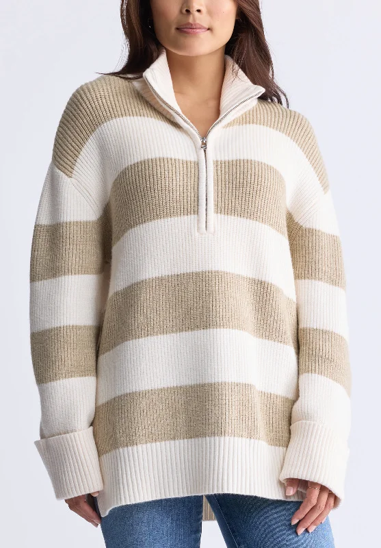Storme Women's Striped Quarter-zip Oversized Sweater, Tan & White - SW0089H Mesh Fabric Canvas Fabric Denim Fabric