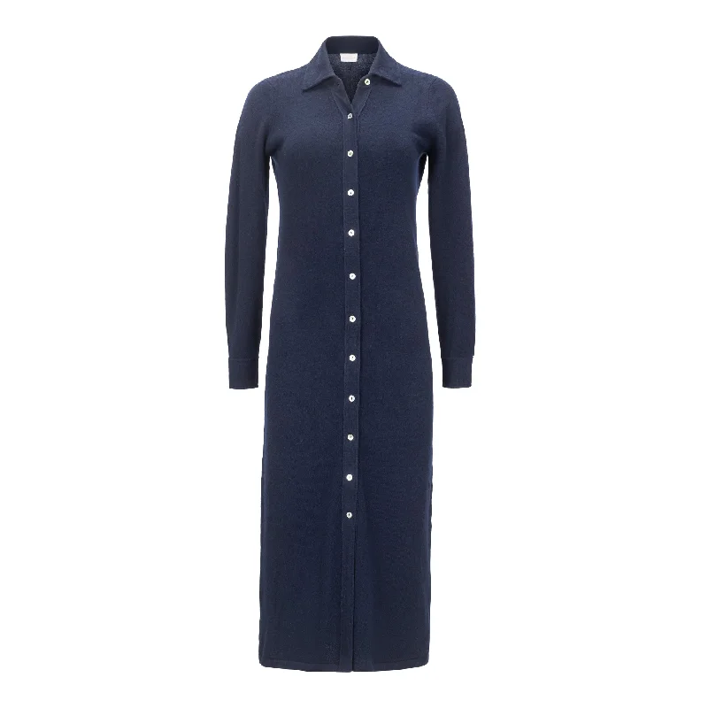 Agapi Button Down Sweater Dress - Navy Real Fur Shearling Chenille