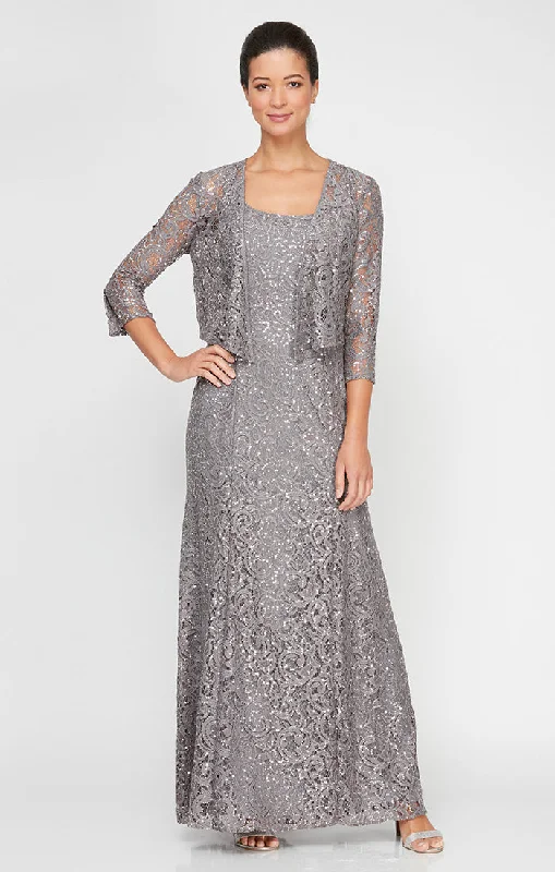 Sequin Lace Long A-Line Dress with 3/4 Sleeve Illusion Jacket Denim Fabric Leather Fabric Suede Fabric