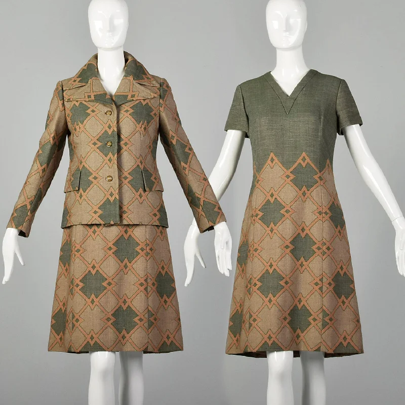 Large 1970s Green Geometric Italian Couture Dress Jacket Set Tailored Jacket Straight Jacket A-Line Jacket