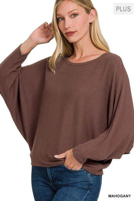 Zenana Plus Ribbed Batwing Long Sleeve Boat Neck Sweater Stylish Fashionable Trendy