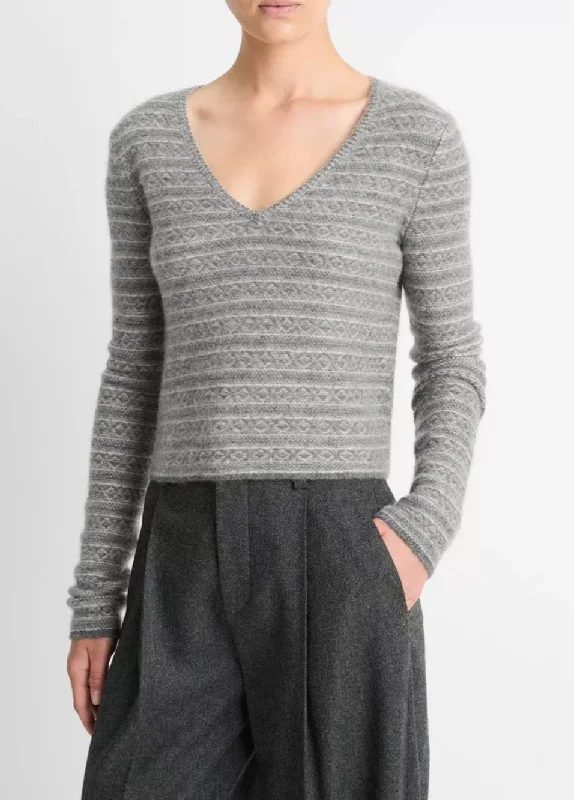 Fair Isle Cashmere V-Neck Sweater Soft Cozy Warm