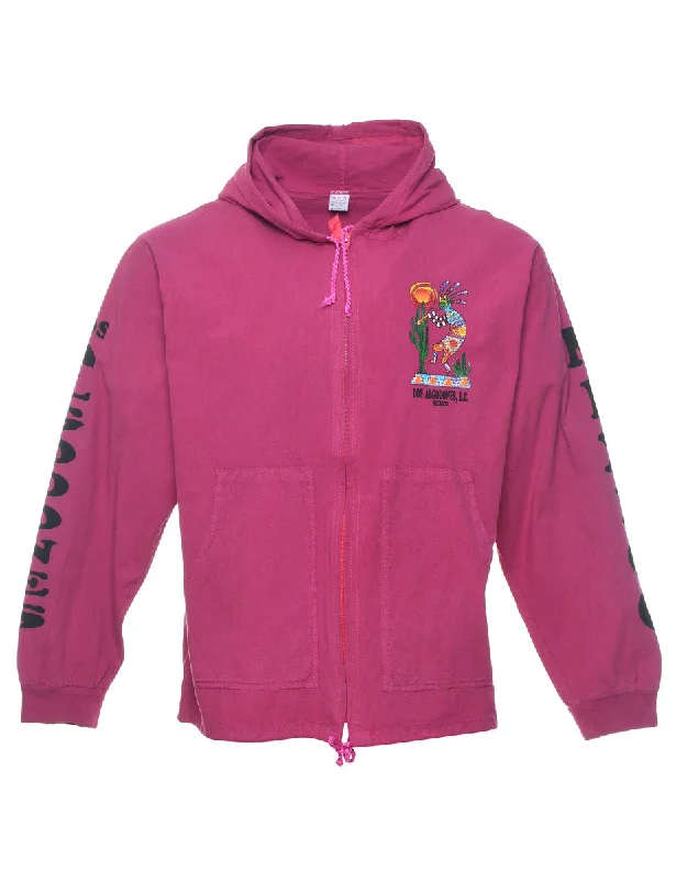 Pink Patterned Zip-Front Hooded Jacket - M Elasticated Jacket Padded Jacket Insulated Jacket