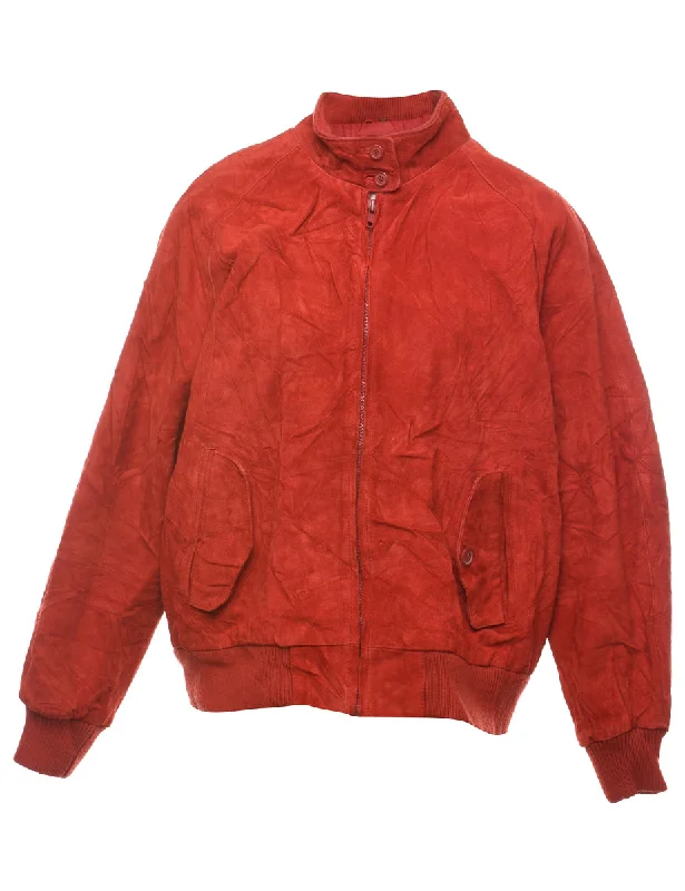 Red Classic Zip-Front Suede Jacket - L Stand-Up Collar Roll-Neck Collar Turtle Neck