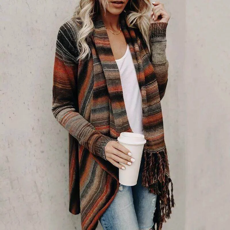 Mid-length slim fashion tassel striped jacket sweater Chenille Fabric Brocade Fabric Lace Fabric